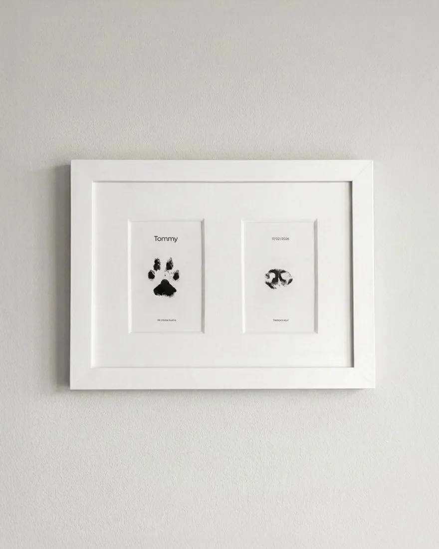 Cuadro Esencia con las huellas de la pata y la nariz de una mascota, enmarcadas