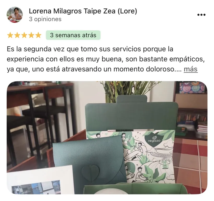 Reseña de Lorena Milagros Taipe Zea en Google sobre la cremación de su mascota en Regazo
