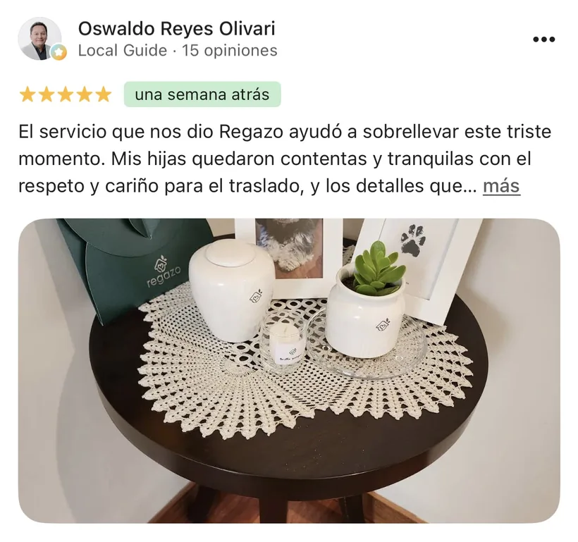Reseña de Oswaldo Reyes Olivari en Google sobre la cremación de su mascota en Regazo